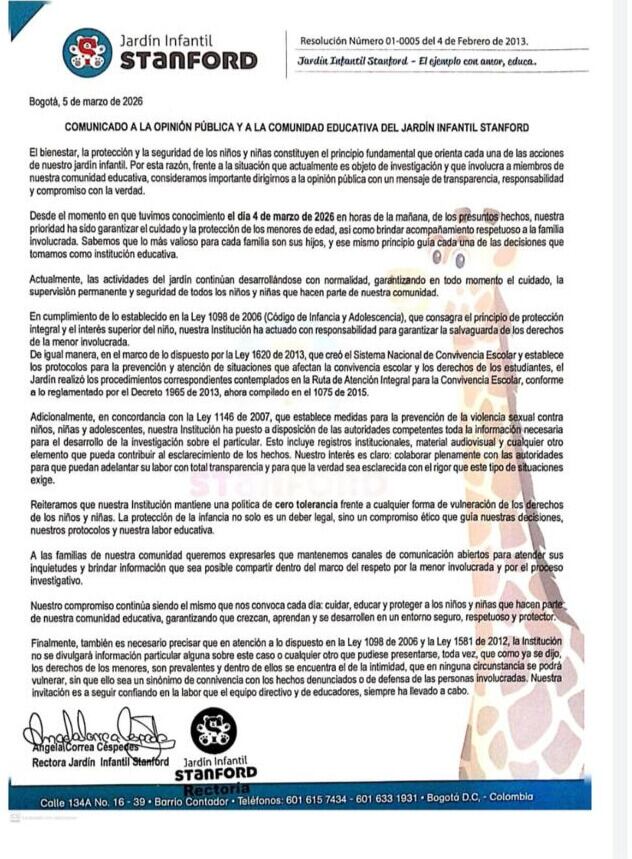 El Jardín Stanford, donde presuntamente habría agredido sexualmente a una menor de edad, se pronunció respecto a sus decisiones en el proceso. - Semana