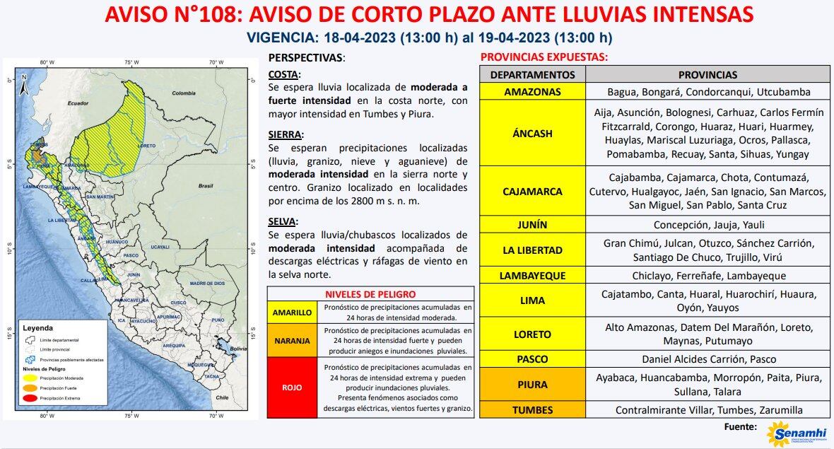 Alertan sobre posibles lluvias intensas (nivel naranja) ocurrirían hasta el 19/4 en diversas provincias de los departamentos de Piura y Tumbes.
