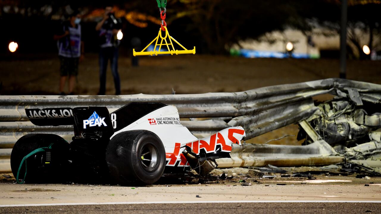 BAHRAIN, BAHRAIN - NOVEMBER 29: Debris following the crash of Romain Grosjean of France and Haas F1 is pictured during the F1 Grand Prix of Bahrain at Bahrain International Circuit on November 29, 2020 in Bahrain, Bahrain. (Photo by Clive Mason - Formula 1/Formula 1 via Getty Images)