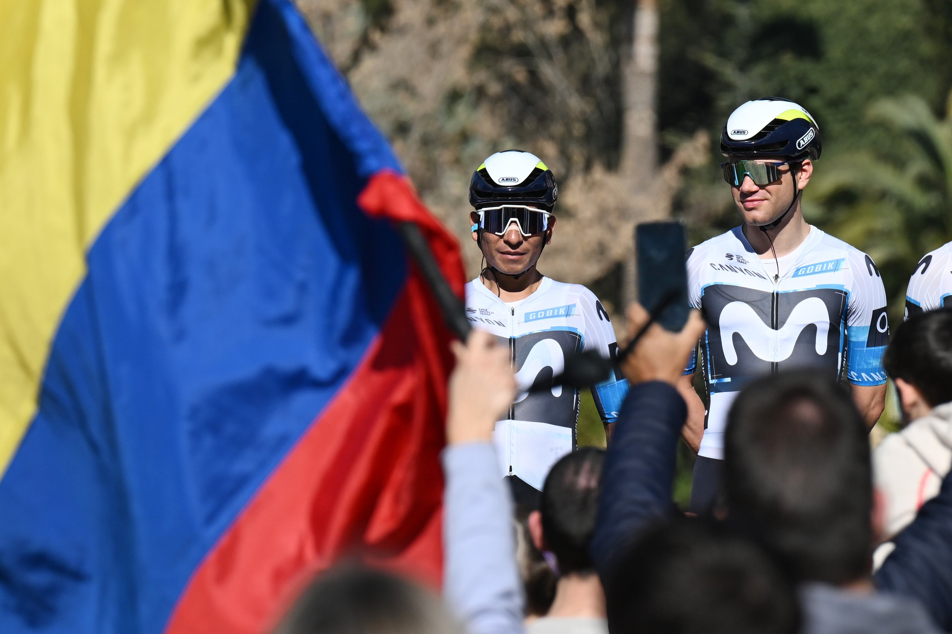 JUMILLA, SPAIN - FEBRUARY 15: (L-R) Nairo Quintana of Colombia and Lorenzo Milesi of Italy and Team Movistar prior to the 45th Vuelta Ciclista a la Región de Murcia "Costa Calida" 2025 a 199.6km one day race from Jumilla to Murcia on February 15, 2025 in Jumilla, Spain. (Photo by Tim de Waele/Getty Images)