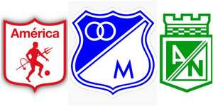 Escudos de América de Cali, Millonarios y Nacional, respectivamente