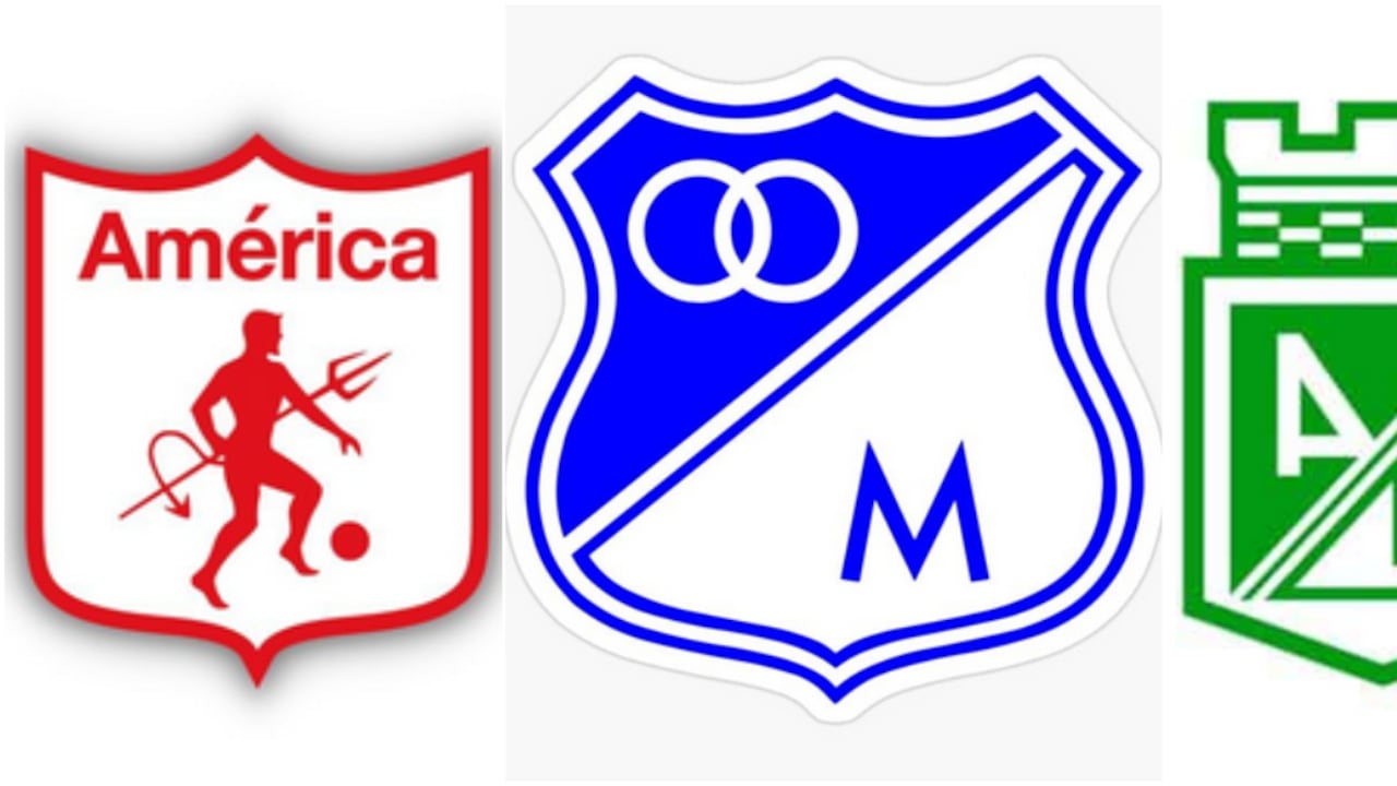Escudos de América de Cali, Millonarios y Nacional, respectivamente