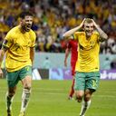 Soccer Football - FIFA World Cup Qatar 2022 - Group D - Australia v Denmark - Al Janoub Stadium, Al Wakrah, Qatar - November 30, 2022 Australia's Mathew Leckie celebrates scoring their first goal with Australia's Riley McGree REUTERS/John Sibley