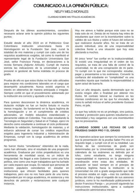 Comunicado de Nelfy Melo Morales, secretaria del despacho del presidente Gustavo Petro.