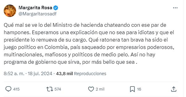 Trino de Margarita Rosa de Francisco sobre el escándalo en la UNGRD, que involucra al ministro de Hacienda, Ricardo Bonilla.