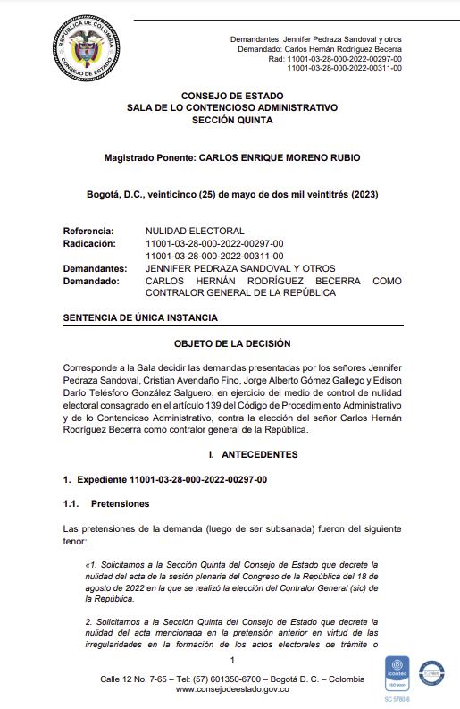Consejo de Estado declaró nula la elección del actual contralor de la República, Carlos Hernán Rodríguez Becerra.