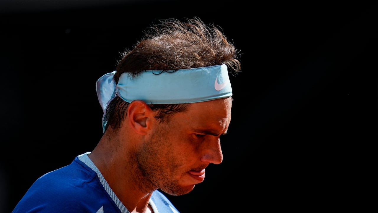 Spain's Rafael Nadal looks during his match against David Goffin of Belgium at the Mutua Madrid Open tennis tournament in Madrid, Spain, Thursday, May 5, 2022. (AP Photo/Manu Fernandez)