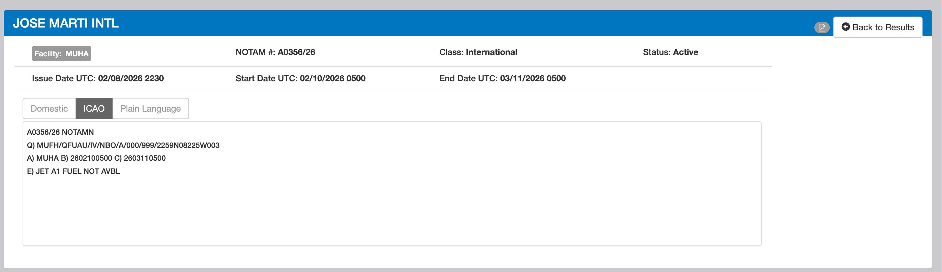 Aviso NOTAM emitido por las autoridades aéreas