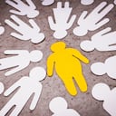 Yellow silhouette of fat man in the center on brown background. White figures of people around. Bullying and aggression of people who are overweight.