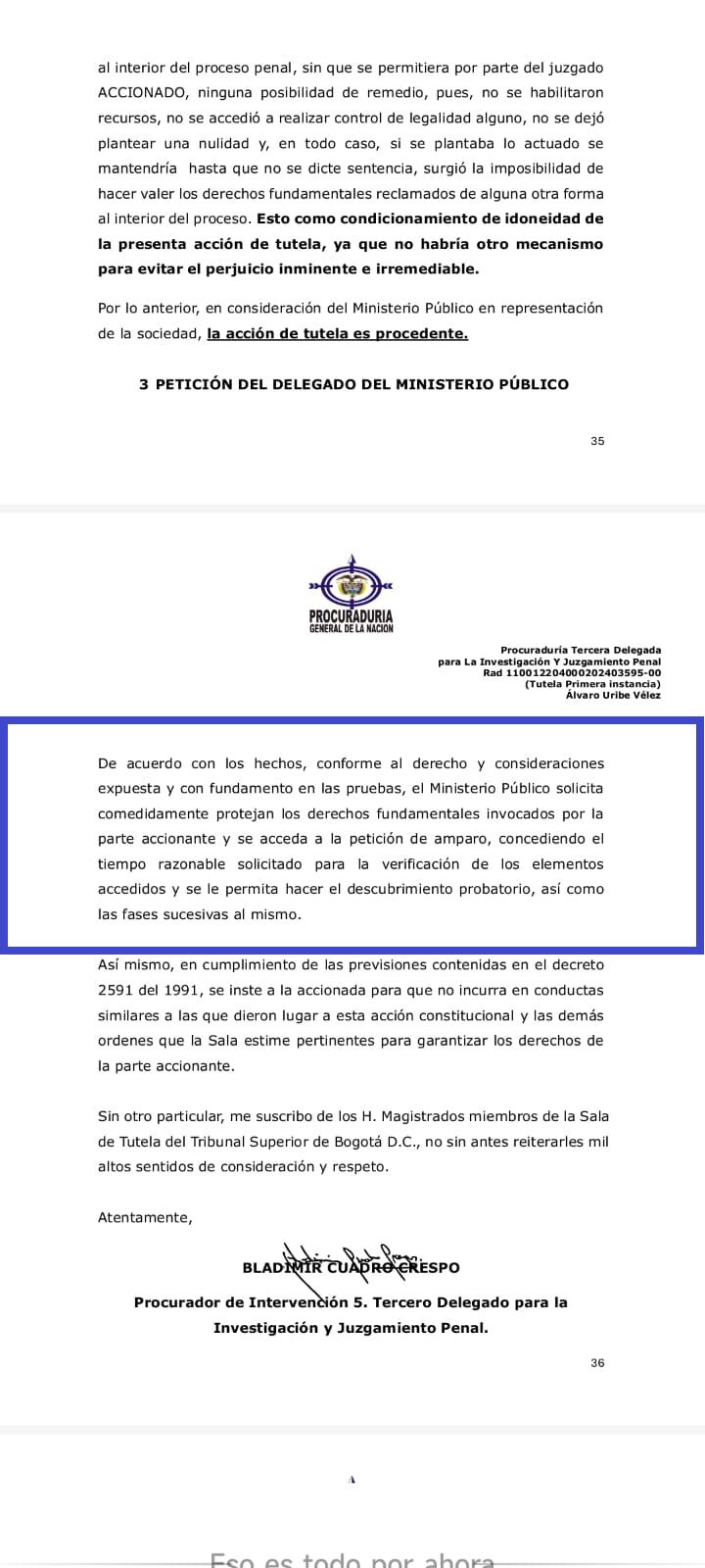Procuraduría pide proteger los derechos fundamentales del expresidente Álvaro Uribe Vélez.