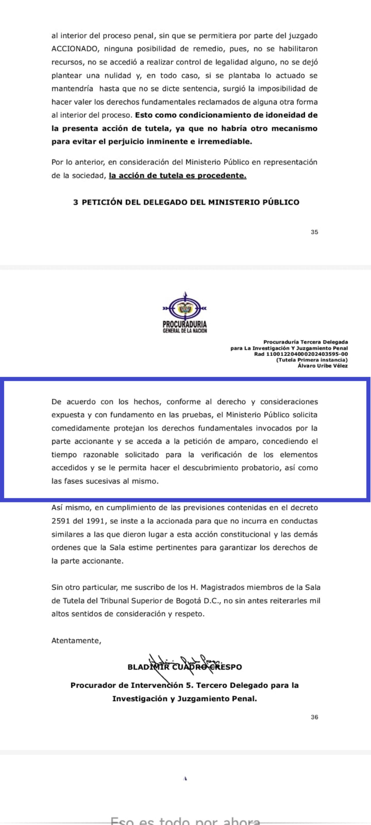 Procuraduría pide proteger los derechos fundamentales del expresidente Álvaro Uribe Vélez.