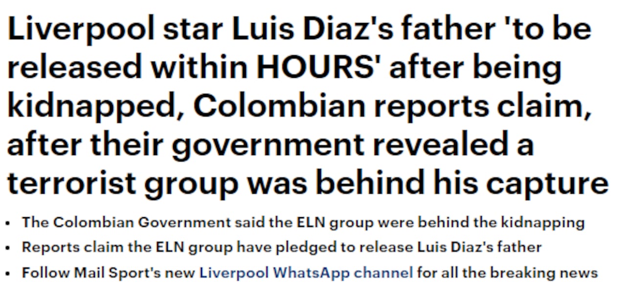El Daily Mail aseguró que el padre de Luis Díaz será liberado en las próximas horas