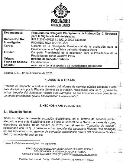 La Procuraduría abrió investigación contra Ricardo Roa Barragán, el gerente de la campaña de Gustavo Petro a la Presidencia.