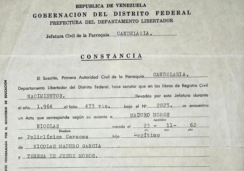 Constancia de nacimiento de Nicolás Maduro