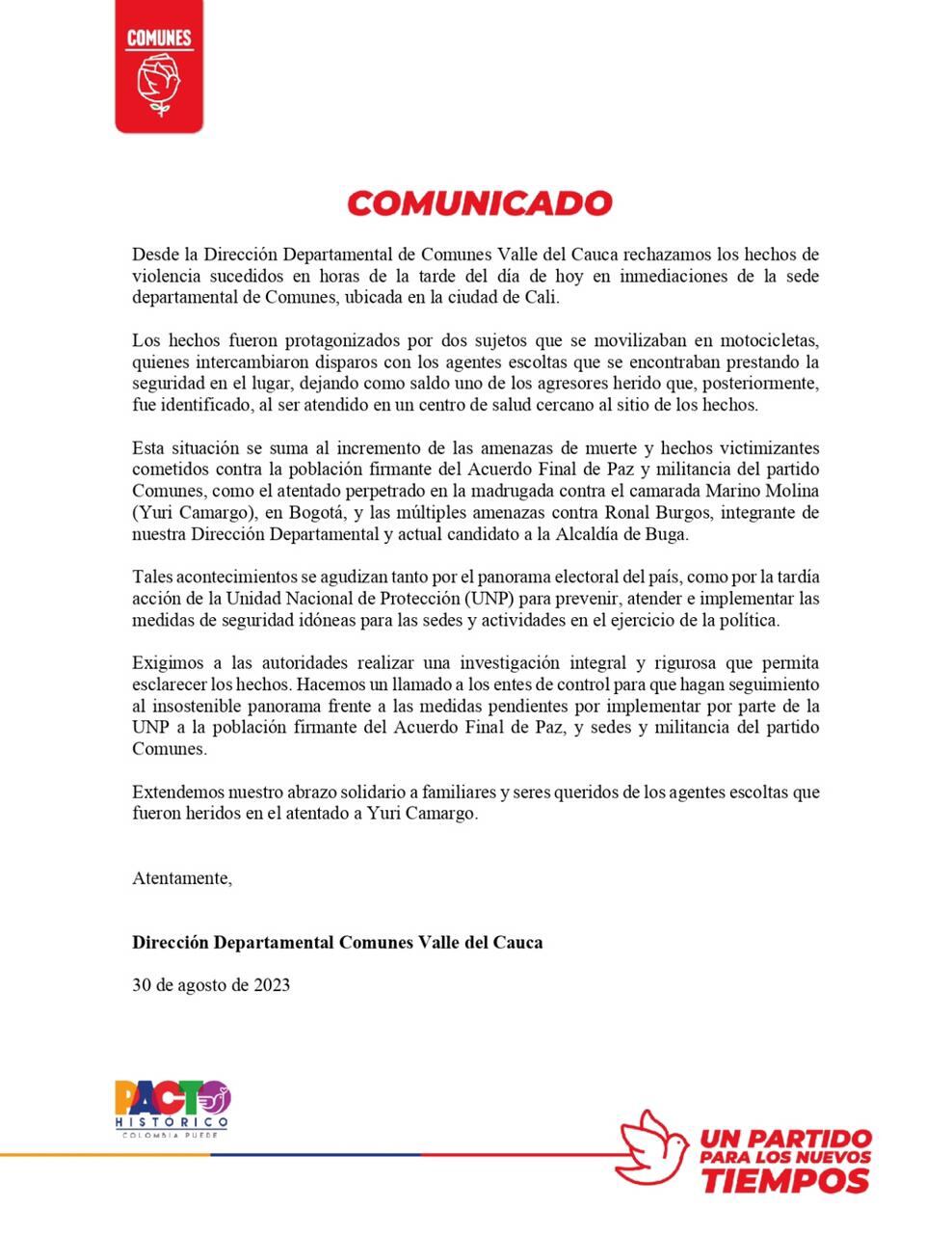 Este es el comunicado con el que el Partido Comunes informó sobre el atentado que sufrieron en su sede en Cali.