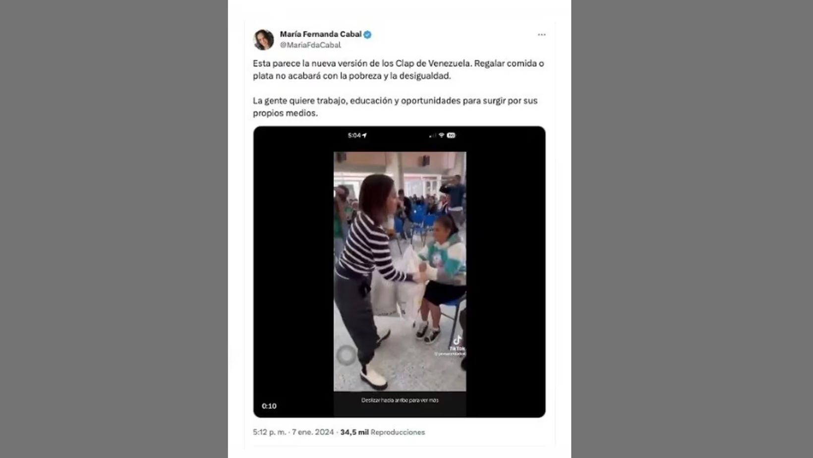 La senadora María Fernanda Cabal no dudó en pronunciarse sobre la entrega de bolsas de mercado por parte de Prosperidad Social