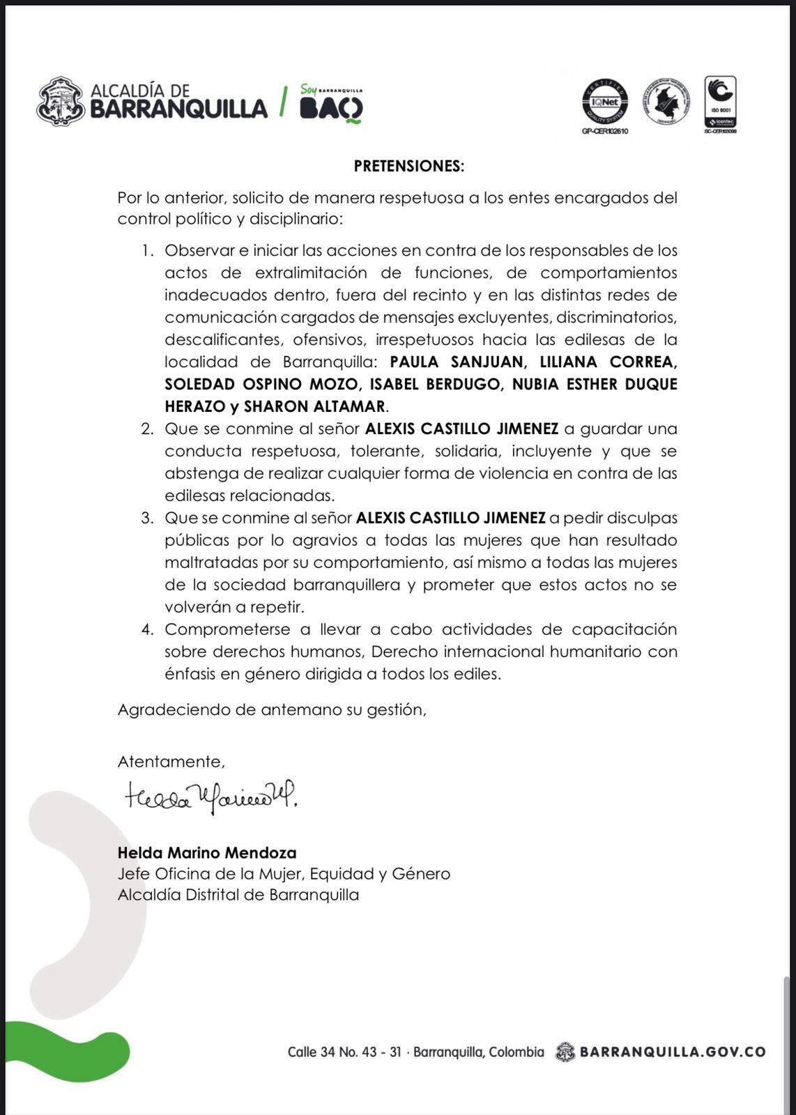 La solicitud de la Oficina de la Mujer de Barranquilla por las presuntas agresiones de Castillo contra las mujeres ediles.