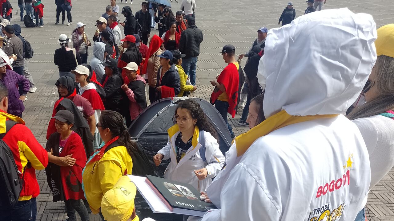 Miembros de la Tropa Social de la Alcaldía de Bogotá entregan alimentos a los docentes que se tomaron el Capitolio Nacional