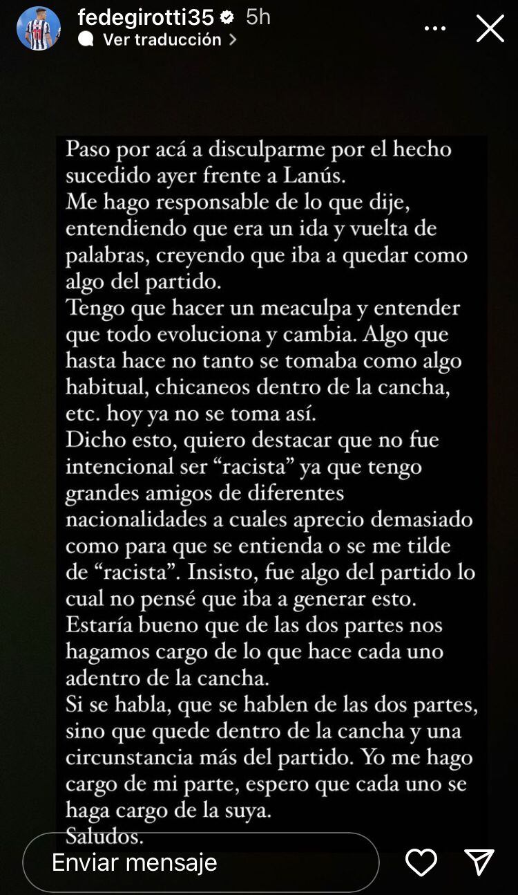 Mensaje de Federico Girotti explicando lo sucedido con Felipe Aguilar.