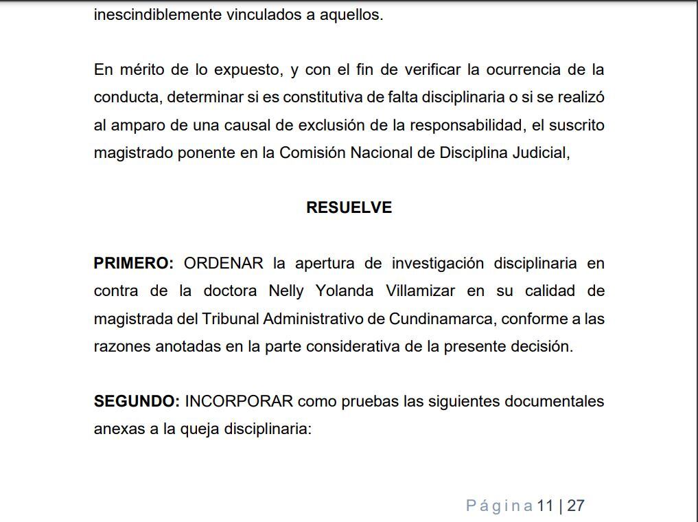 La Comisión de Disciplina Judicial le abrió investigación a la magistrada Nelly Villamizar.