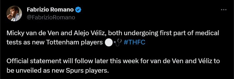 Fabrizio Romano informa la llegada de dos refuerzos a Tottenham.