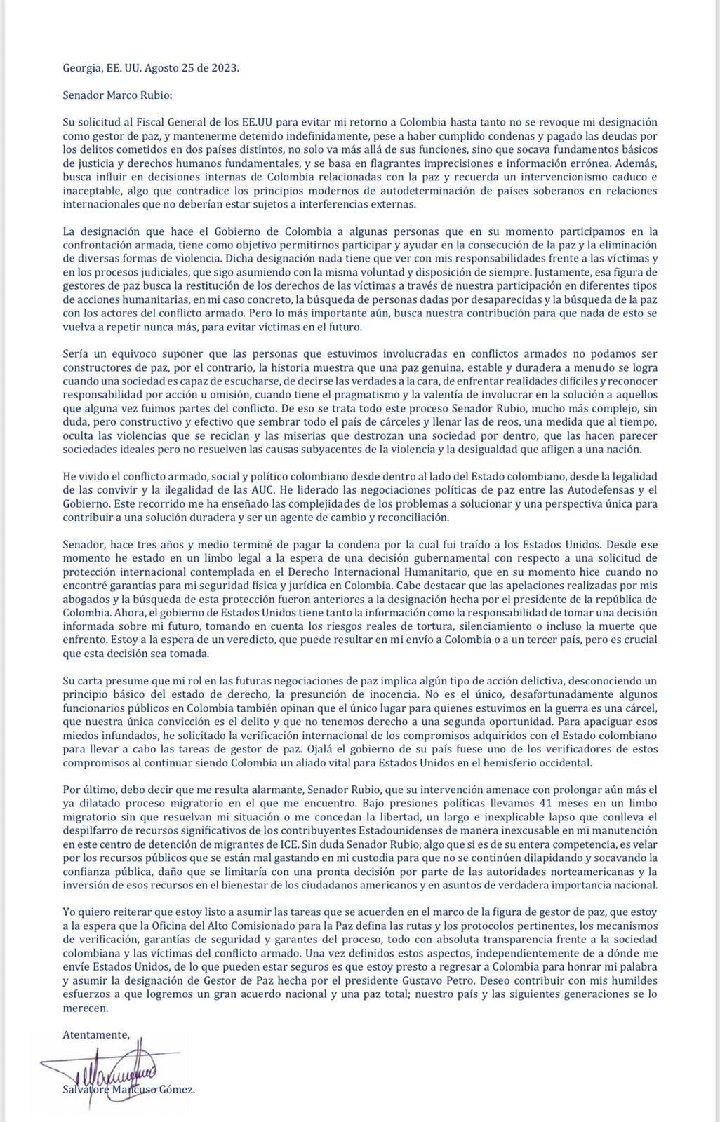 El excomandante paramilitar, Salvatore Mancuso le respondió l senador de los Estados Unidos, Marcos Rubio.