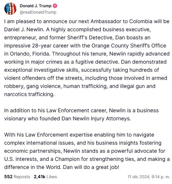 Donald Trump nombró a Daniel J. Newlin como el nuevo embajador para Colombia