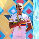 GUADALAJARA, MEXICO - OCTOBER 16: Marlon Alirio Perez of Colombia stands on the podium after winning gold in the Men's Individual Time Trial at the Time Trial Cycling Circuit during Day Two of the XVI Pan American Games on October 16, 2011 in Guadalajara, Mexico. (Photo by Scott Heavey/Getty Images)