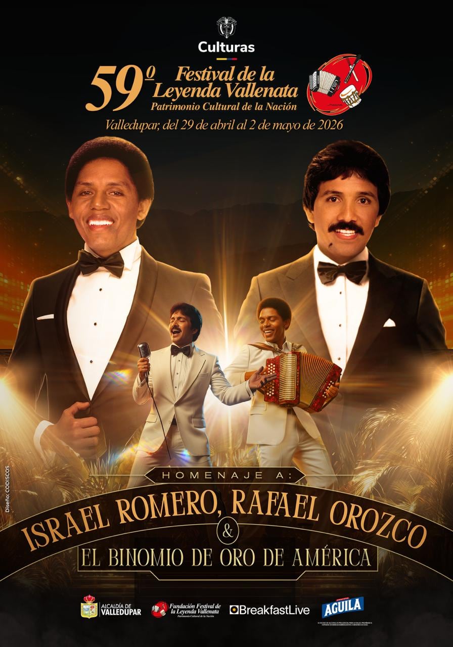 Afiche promocional del Festival de la Leyenda Vallenata: Un homenaje a Israel Romero, Rafael Orozco y El Binomio de Oro.