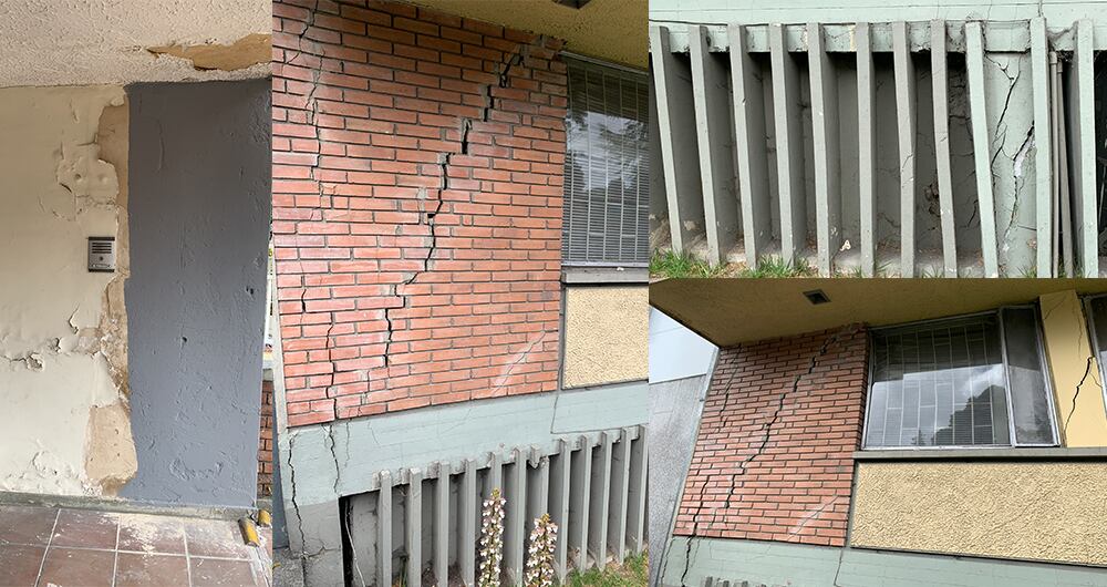 Las grietas y hundimientos del edificio av 100 y los aledaños dan cuenta de su mal estado y su inminente colapso. Ha sido imposible poner de acuerdo a los propietarios de los apartamentos para vender y poder así demoler toda la estructura.