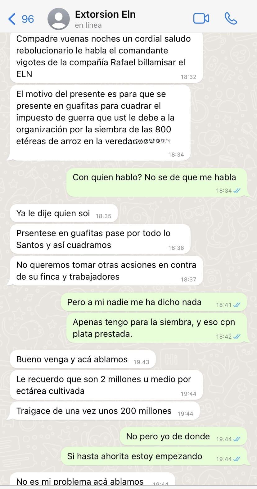 Mensaje con el que presuntamente el ELN extorsionaba en Arauca.
