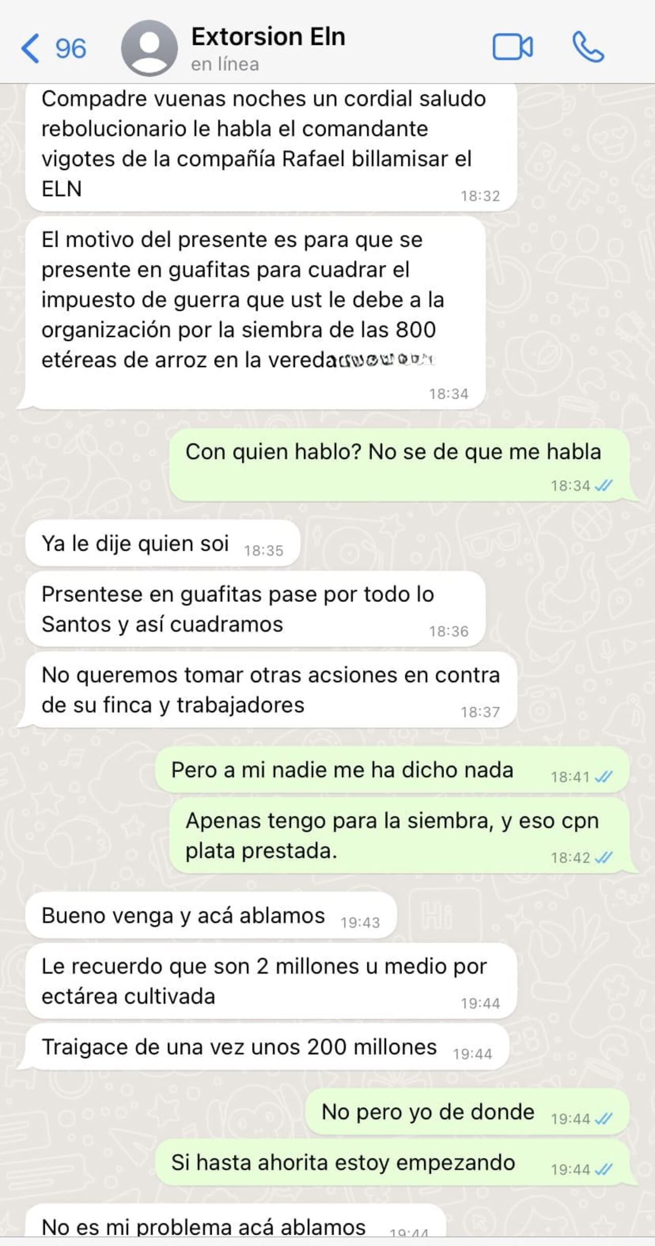 Mensaje con el que presuntamente el ELN extorsionaba en Arauca.