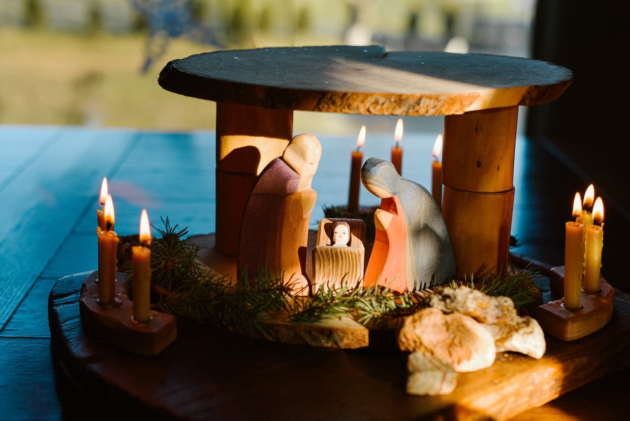 Wooden Nativity scene.