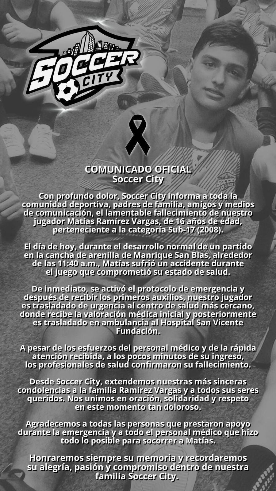 Matías Ramírez Vargas, jugador de 16 años, murió tras un choque en un partido de la Liga Antioqueña de Fútbol.