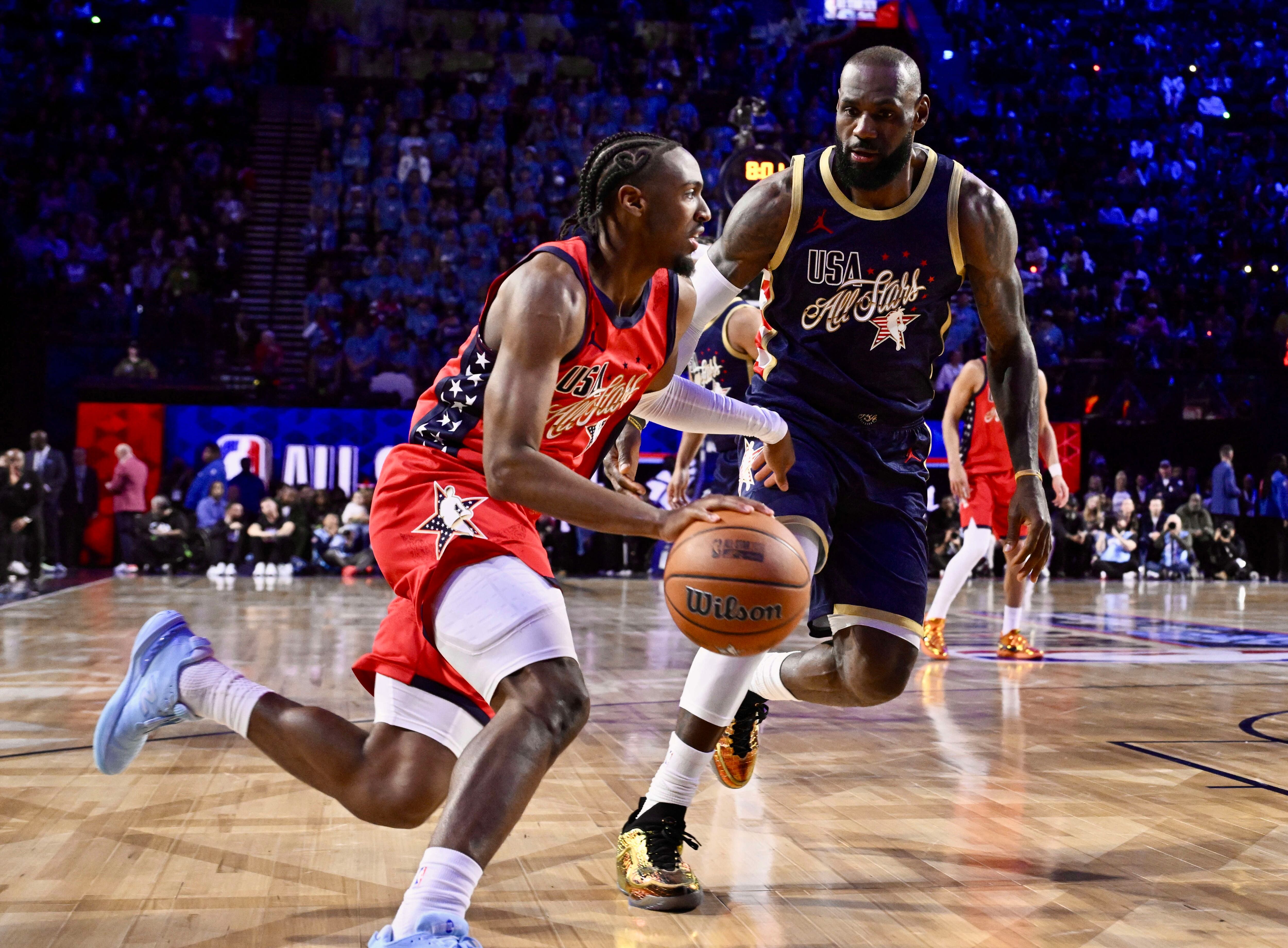 Inglewood, CA - February 15:  Tyrese Maxey of Team USA Stars drives past LeBron James of Team USA Stripes in the final game of the 75th NBA All-Star game at Intuit Dome in Inglewood on Sunday February 15, 2026. (Photo by Keith Birmingham/MediaNews Group/Pasadena Star-News via Getty Images)