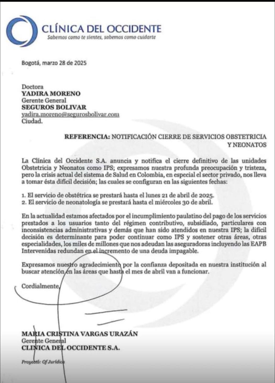 Carta de la Clínica del Occidente de Bogotá anunciando el cierre de sus unidades de Obstetricia y Neonatos.