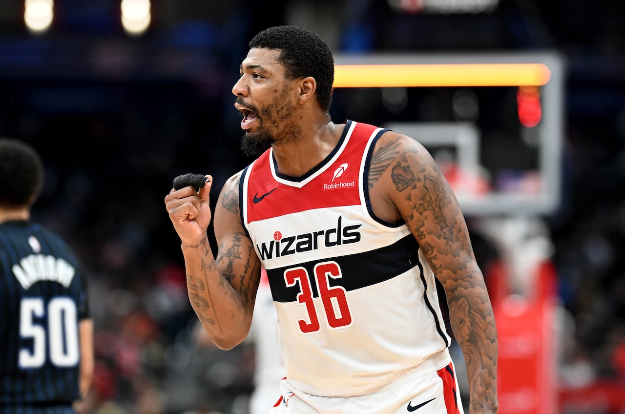 WASHINGTON, DC - APRIL 03: Marcus Smart #36 of the Washington Wizards celebrates during the game against the Orlando Magic at Capital One Arena on April 03, 2025 in Washington, DC. NOTE TO USER: User expressly acknowledges and agrees that, by downloading and or using this photograph, User is consenting to the terms and conditions of the Getty Images License Agreement. (Photo by G Fiume/Getty Images)