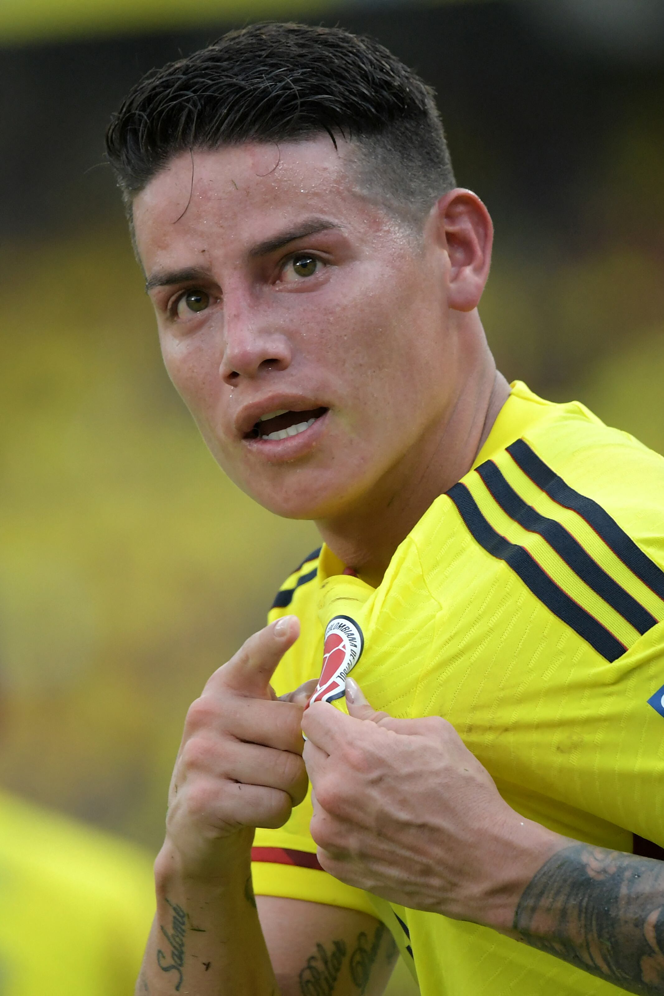 Colombia's midfielder James Rodriguez celebrates after scoring his team's first goal during the 2026 FIFA World Cup South American qualification football match between Colombia and Uruguay at the Roberto Melendez Metropolitan Stadium in Barranquilla, Colombia, on October 12, 2023. (Photo by Raul ARBOLEDA / AFP)