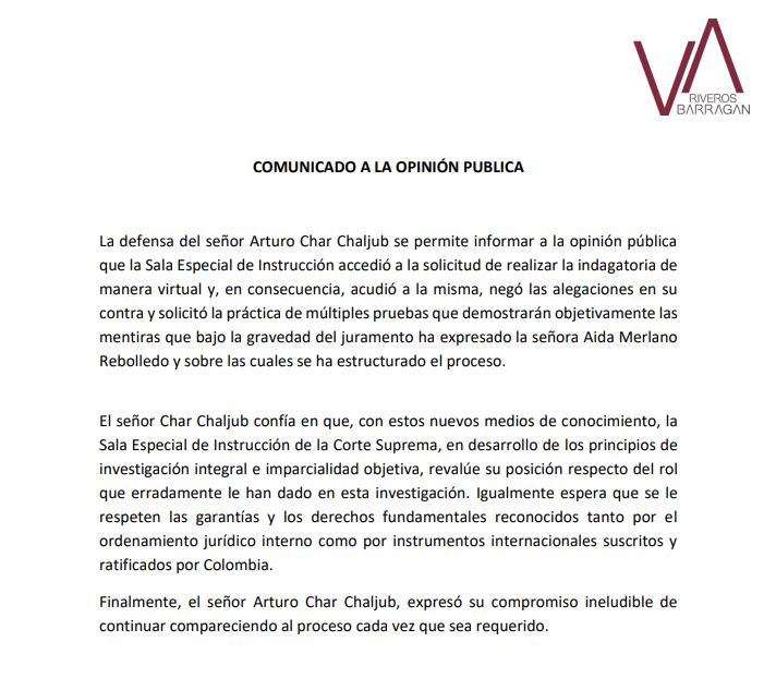Comunicado de la defensa de Arturo Char