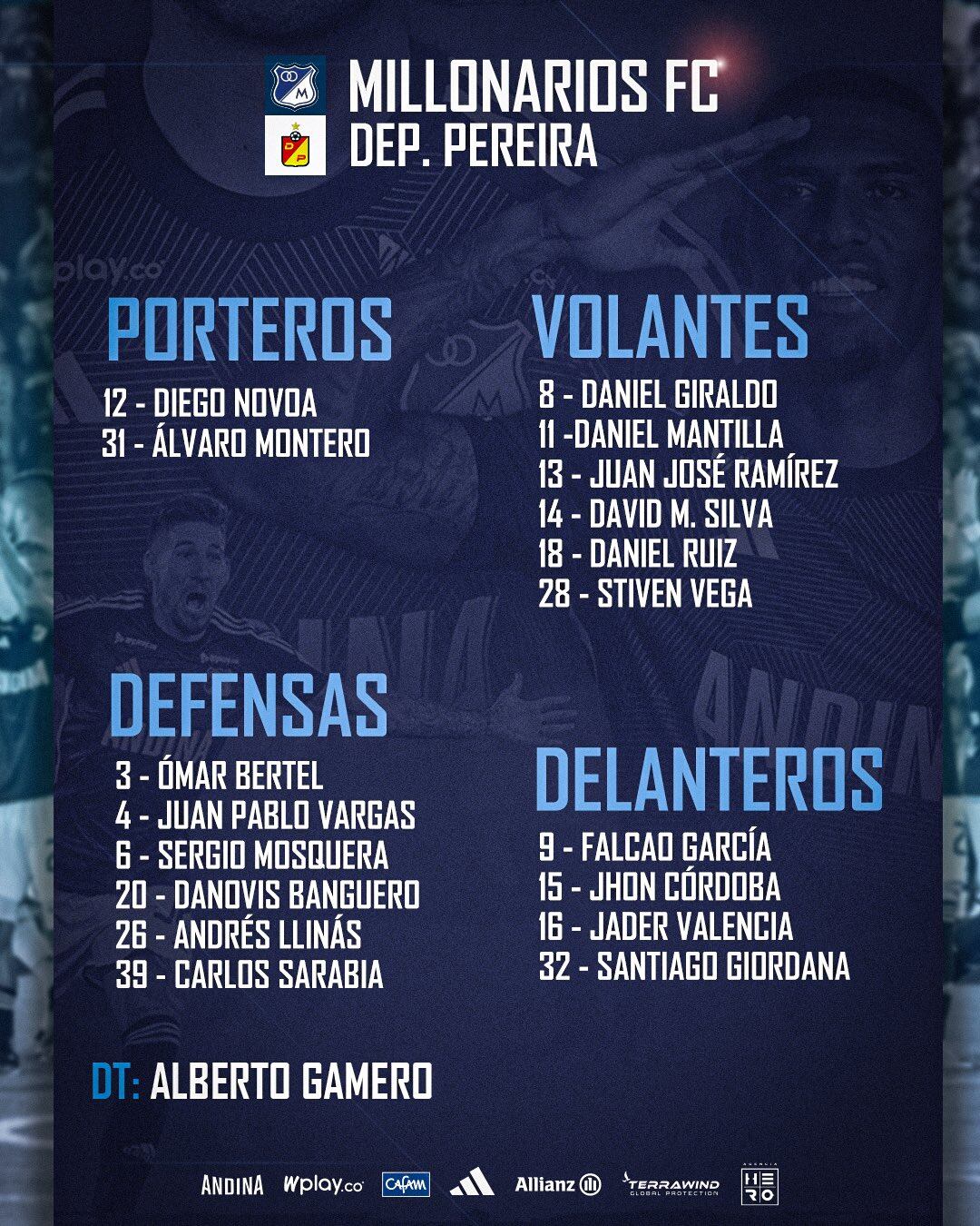 Convocados de Millonarios para el partido ante Deportivo Pereira.