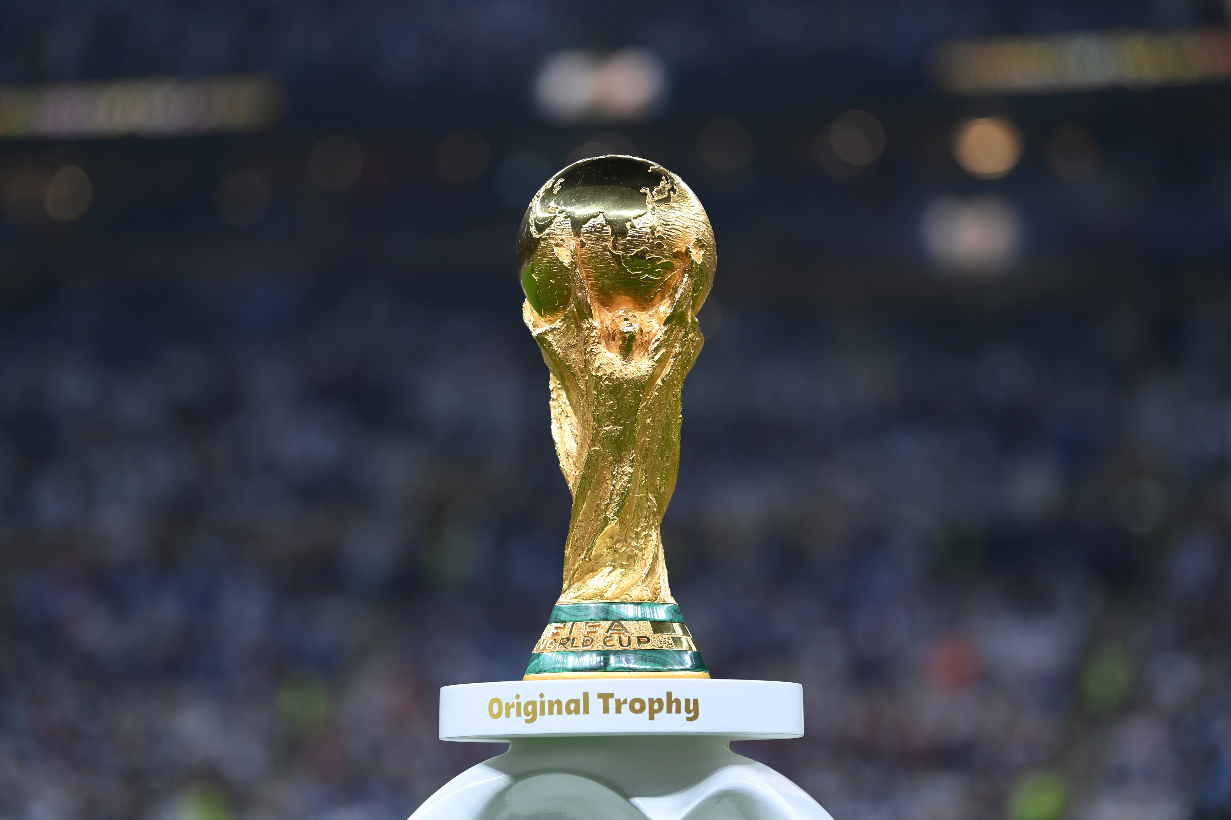 LUSAIL CITY, QATAR - DECEMBER 18: A view of the World Cup Trophy before the FIFA World Cup Qatar 2022 Final match between Argentina and France at Lusail Stadium on December 18, 2022 in Lusail City, Qatar. (Photo by Michael Regan - FIFA/FIFA via Getty Images)