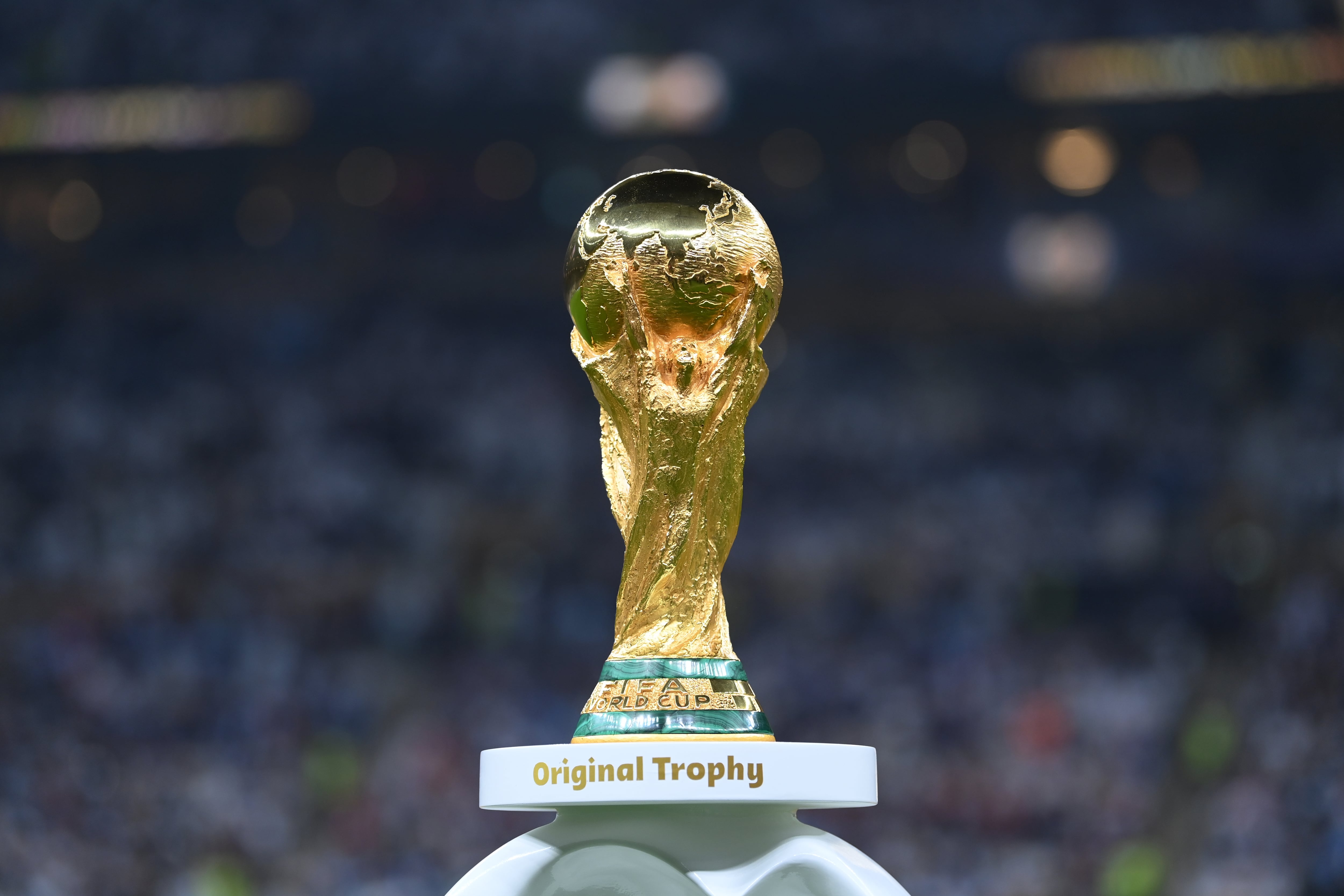 LUSAIL CITY, QATAR - DECEMBER 18: A view of the World Cup Trophy before the FIFA World Cup Qatar 2022 Final match between Argentina and France at Lusail Stadium on December 18, 2022 in Lusail City, Qatar. (Photo by Michael Regan - FIFA/FIFA via Getty Images)