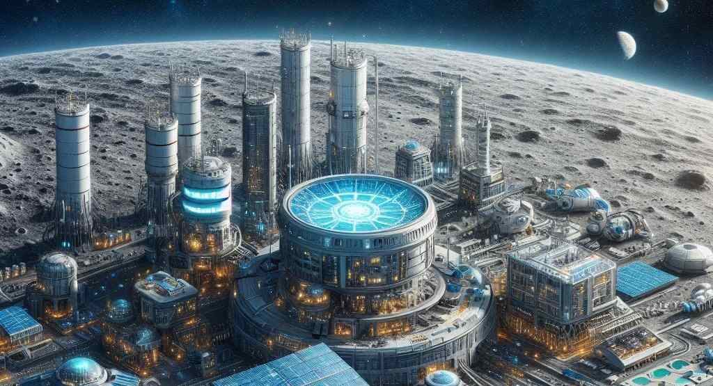 Ilustración creada con IA de unos generadores atómicos en la Luna