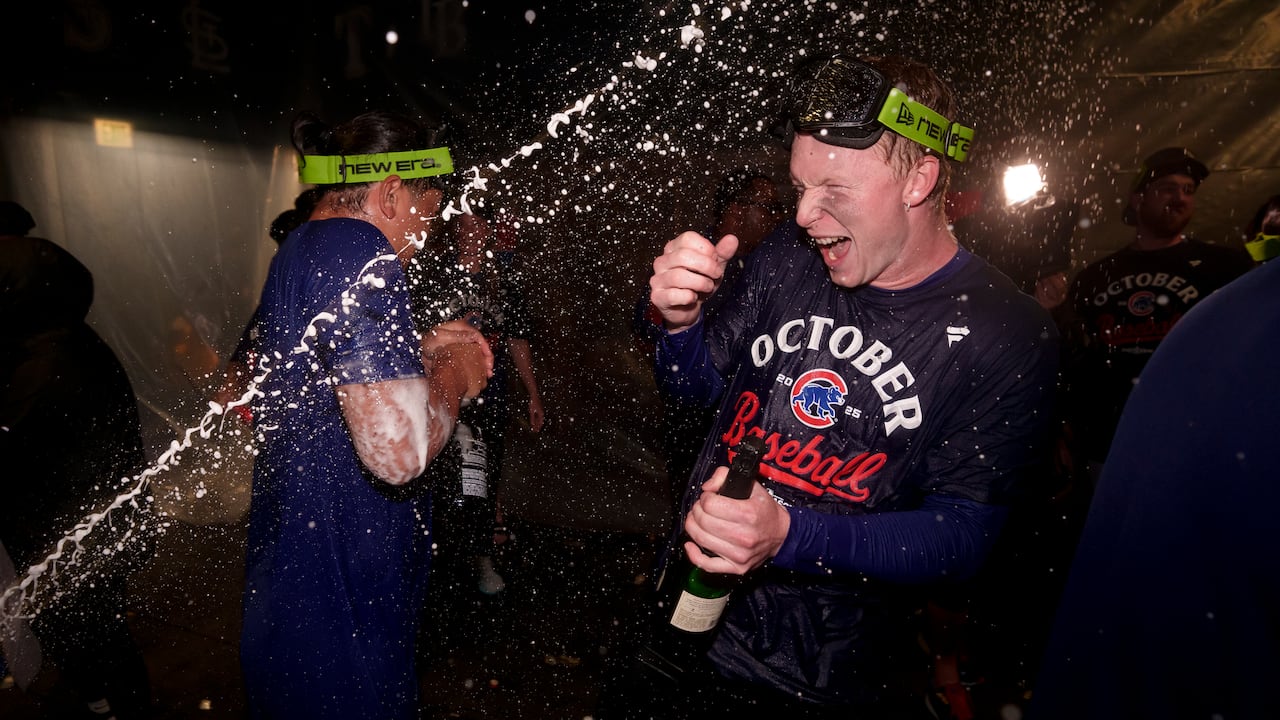 PITTSBURGH, PENNSYLVANIA - SEPTEMBER 17: Pete Crow-Armstrong #4 of the Chicago Cubs celebrates clinching an MLB Postseason berth at PNC Park on September 17, 2025 in Pittsburgh, Pennsylvania. (Photo by Matt Dirksen/Getty Images)