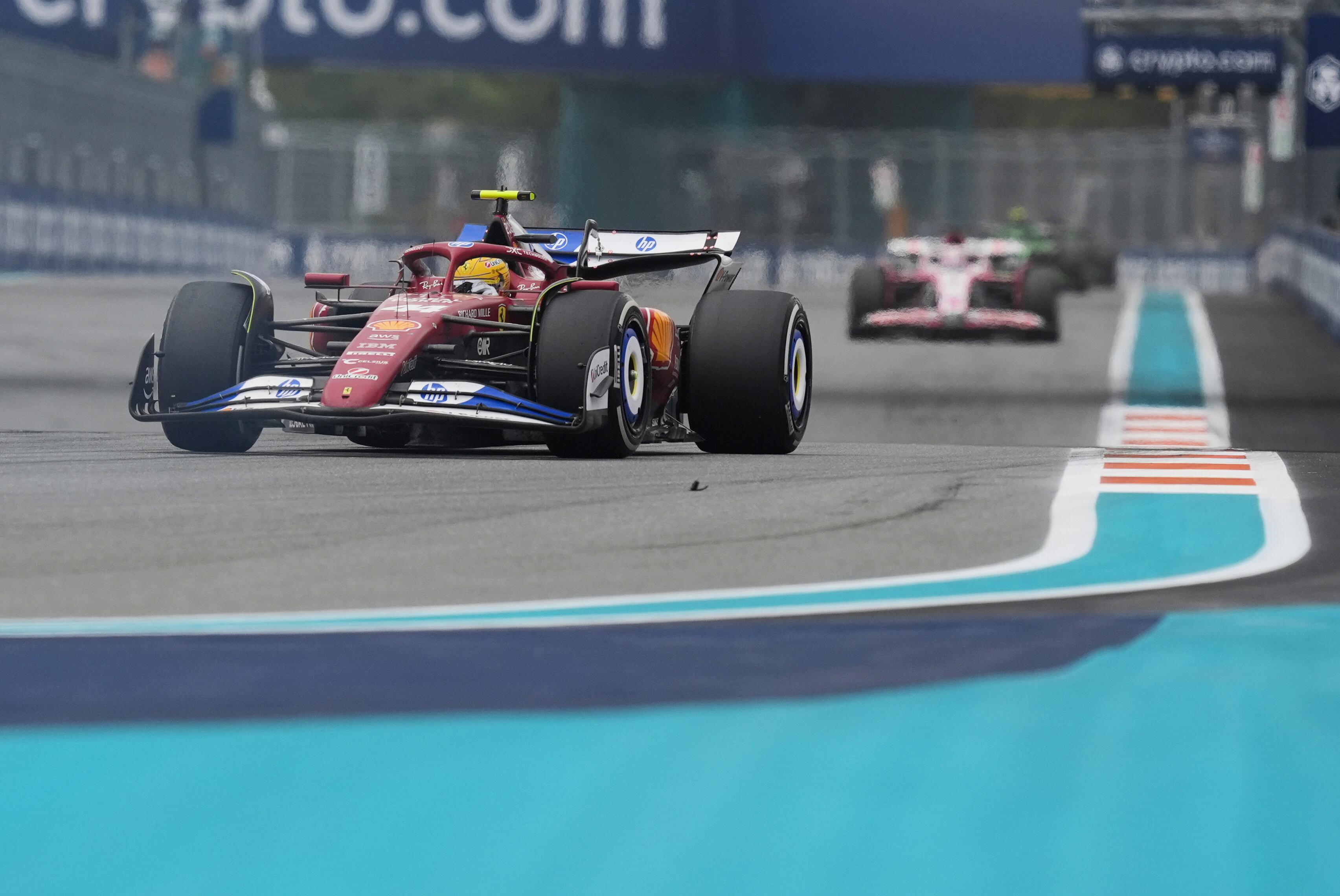 Ferrari driver Lewis Hamilton of Britain races during the Formula One Miami Grand Prix auto race Sunday, May 4, 2025, in Miami Gardens. Fla. (AP Photo/Rebecca Blackwell)