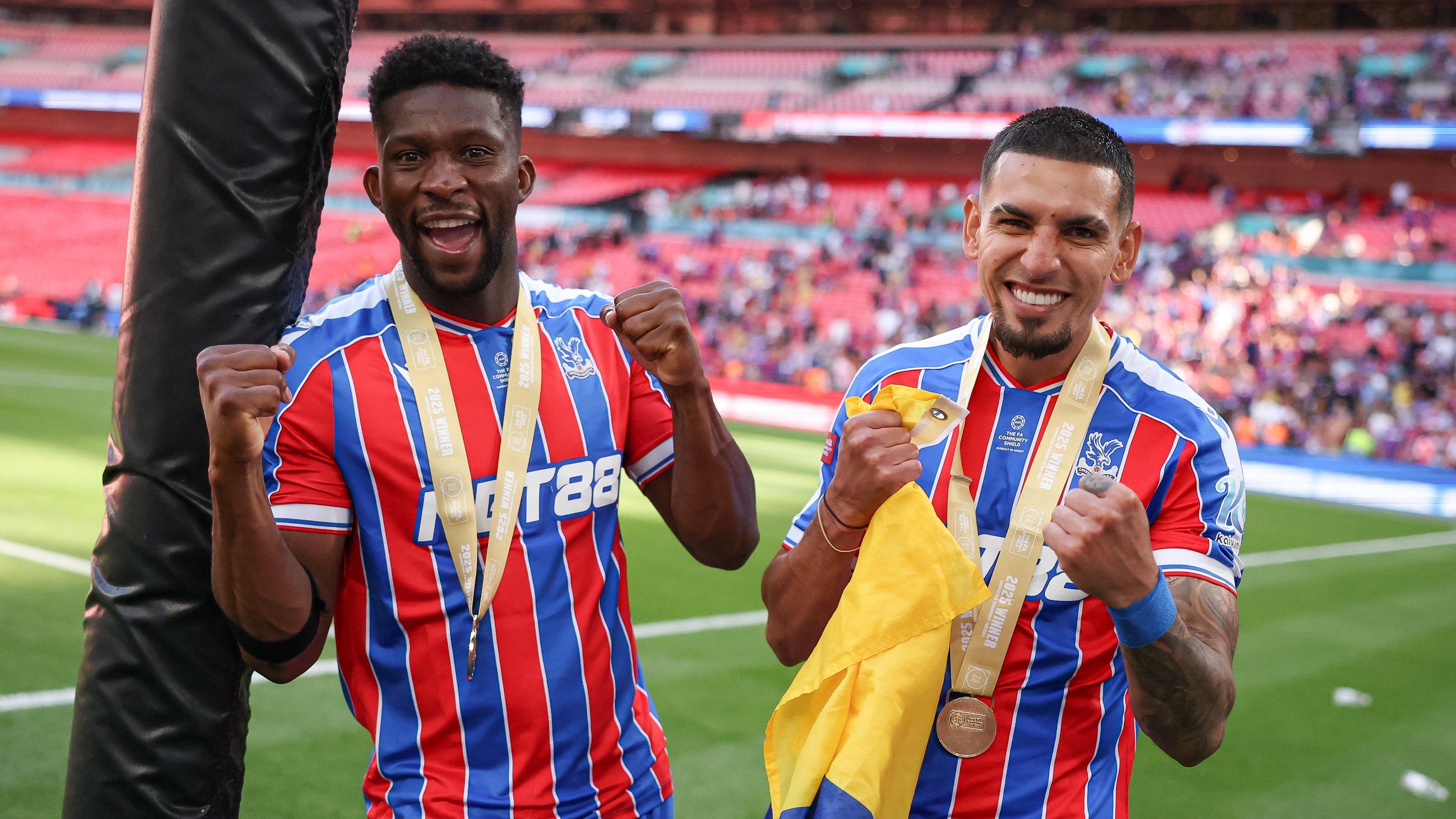 LONDON, ENGLAND - AUGUST 10: Jefferson Lerma and Daniel Munoz of Crystal Palace celebrate after the team's victory during the 2025 FA Community Shield match between Crystal Palace and Liverpool at Wembley Stadium on August 10, 2025 in London, England. (Photo by Alex Pantling - The FA/The FA via Getty Images)