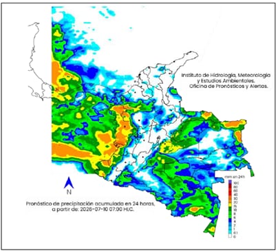 Mapa del clima en Colombia para el viernes 10 de julio.