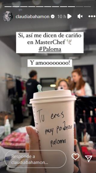Paloma es el apodo de Claudia Bahamón en MasterChef Celebrity. Foto: Instagram @claudiabahamon.