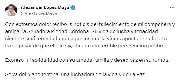 El senador Alexander López reaccionó a la muerte de Piedad Córdoba.