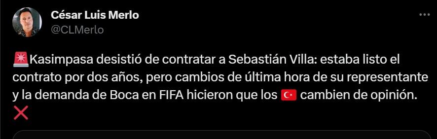 César Luis Merlo informó sobre Sebastián Villa.